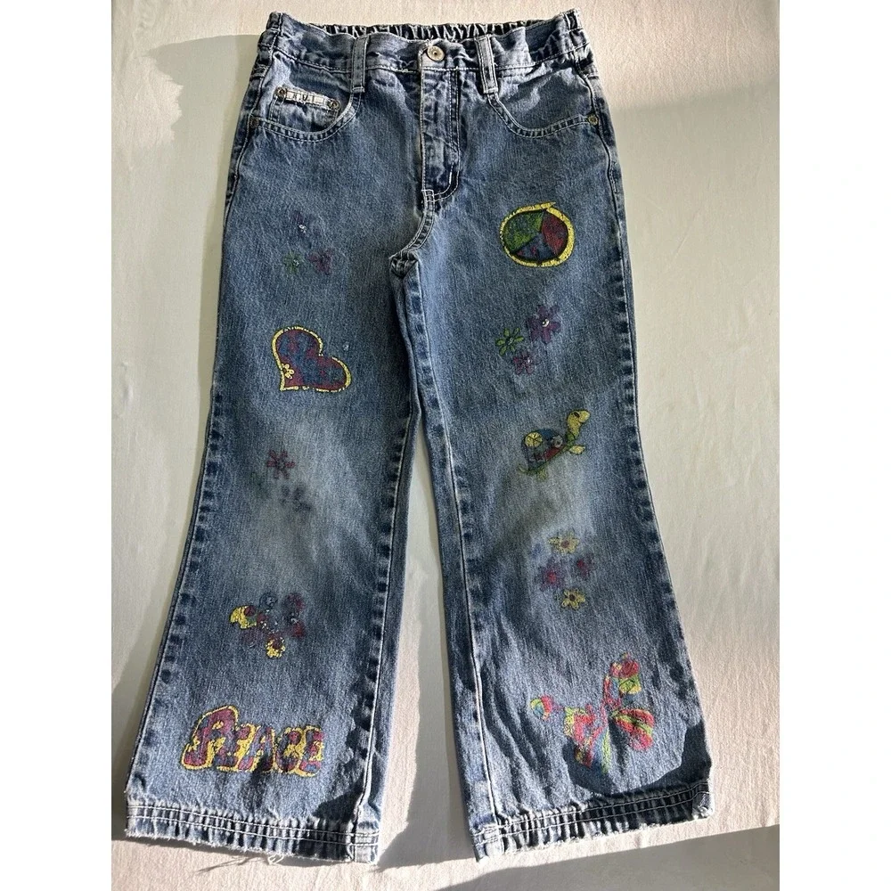Vintage 90s R.V.T. Girls Denim Jeans Peace Butterfly Flowers Size 5 Hong Kong